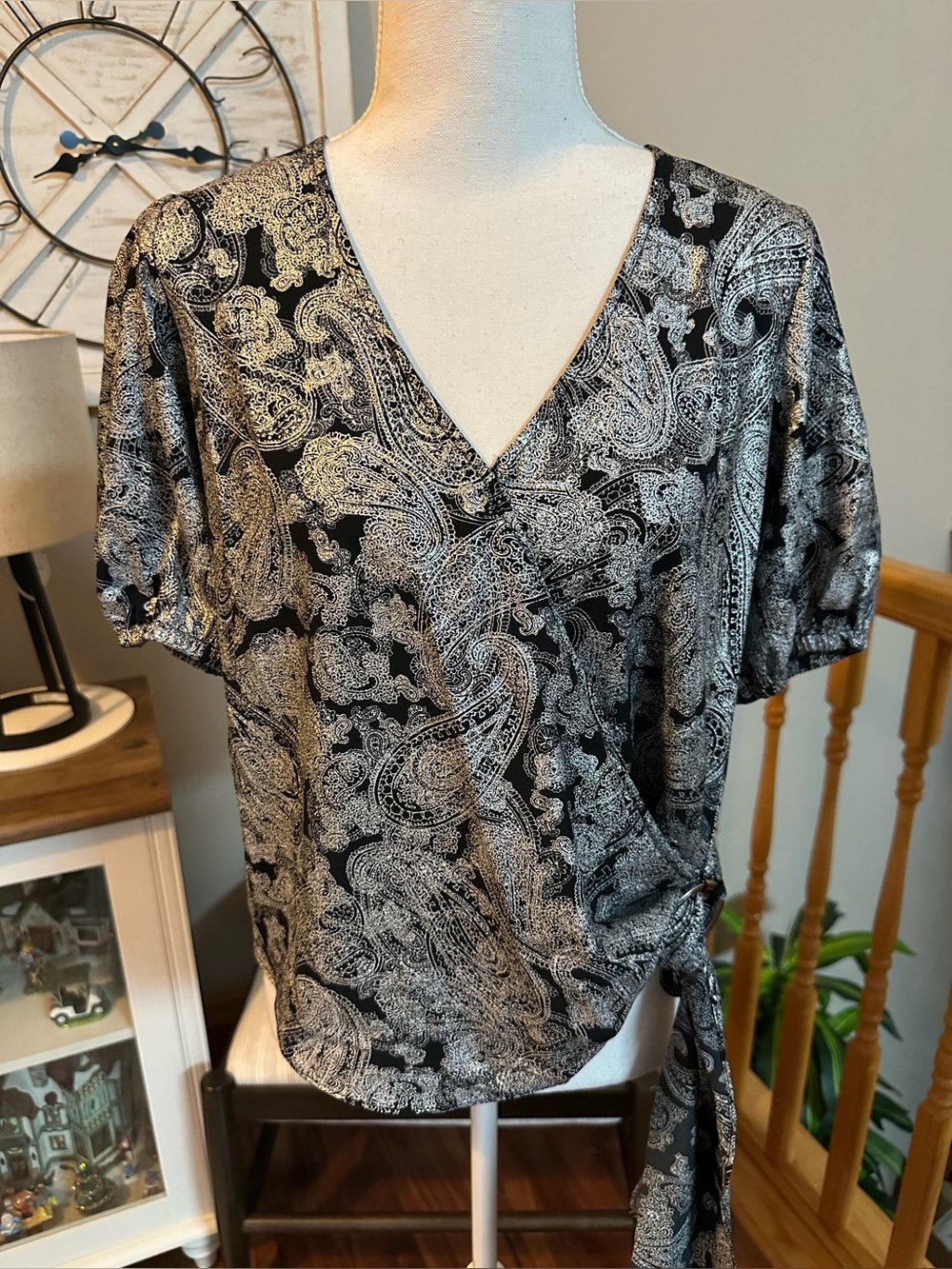 Michael Kors Black & Silver Paisley Wrap-Style V-Neck Top